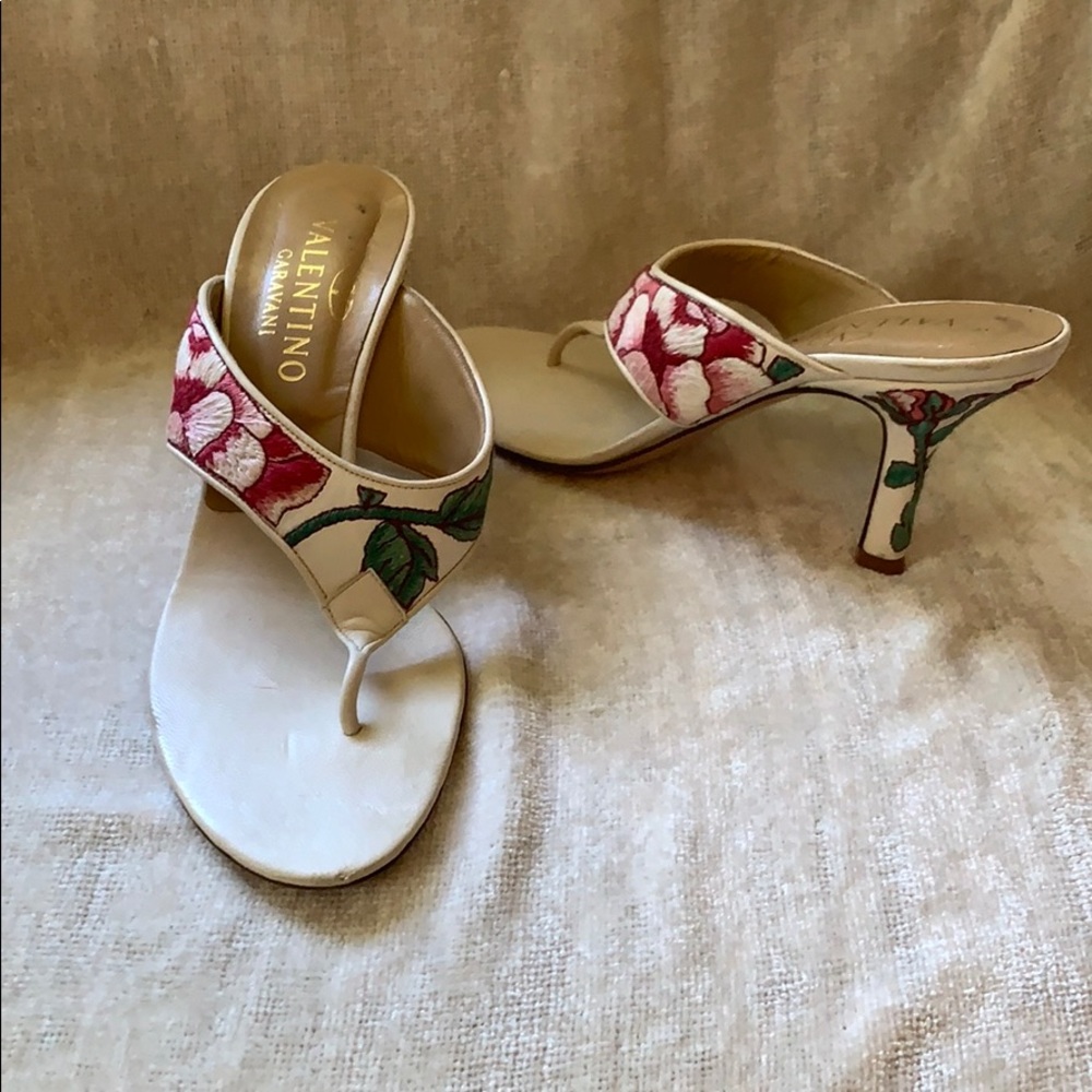 Valentino Rosebud Embroidered Leather Sandals